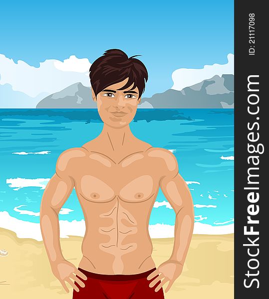 Illustration brawny man on beach - vector