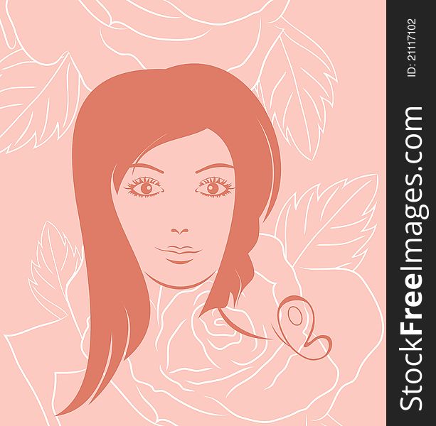 Illustration girl face portrait on rose background - vector