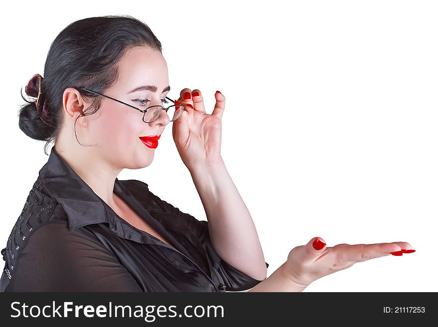 Showing businesswoman, isolated on white background