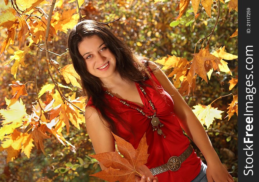 Attractive young girl having fun in autumn park. Attractive young girl having fun in autumn park