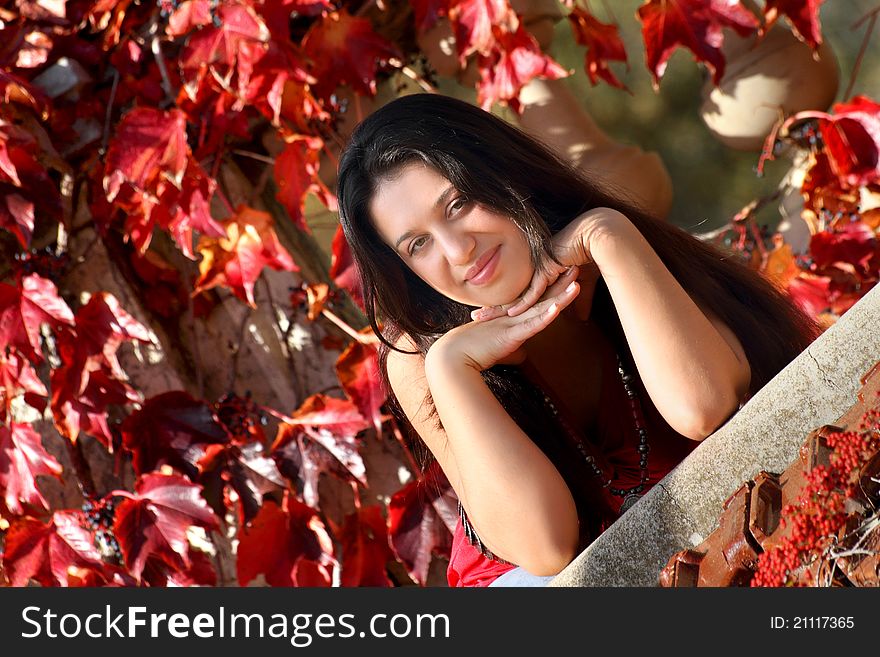 Portrait of a young beautiful girl among bright autumn leaves in the park. Portrait of a young beautiful girl among bright autumn leaves in the park