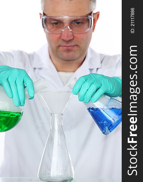 Chemistry Scientist conducting experimants on white background