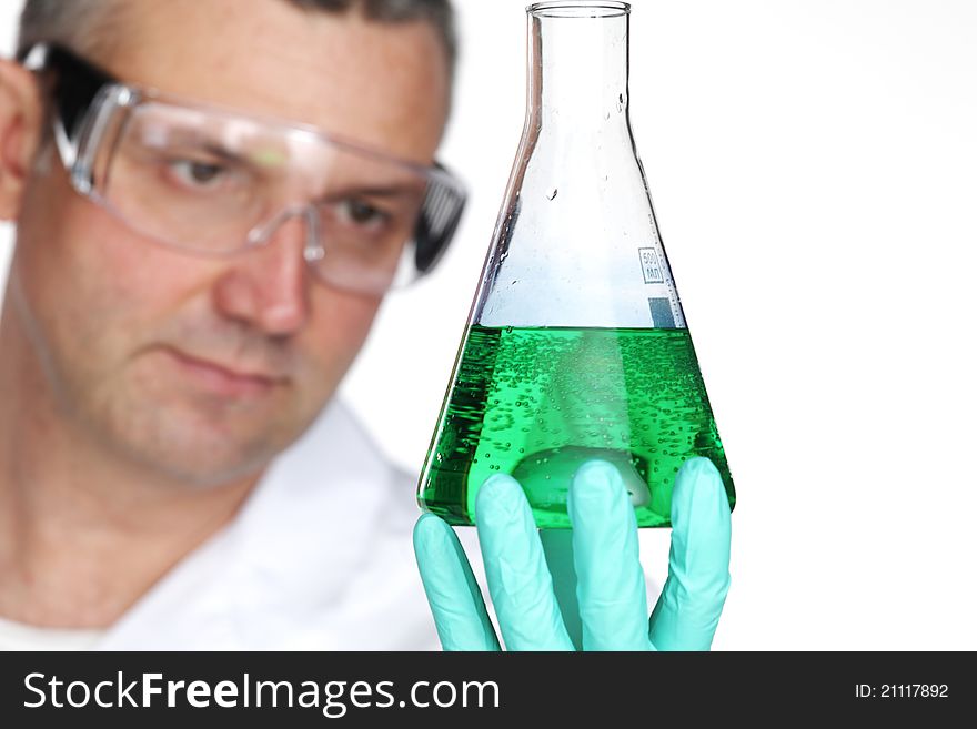 Chemistry Scientist conducting experimants on white background