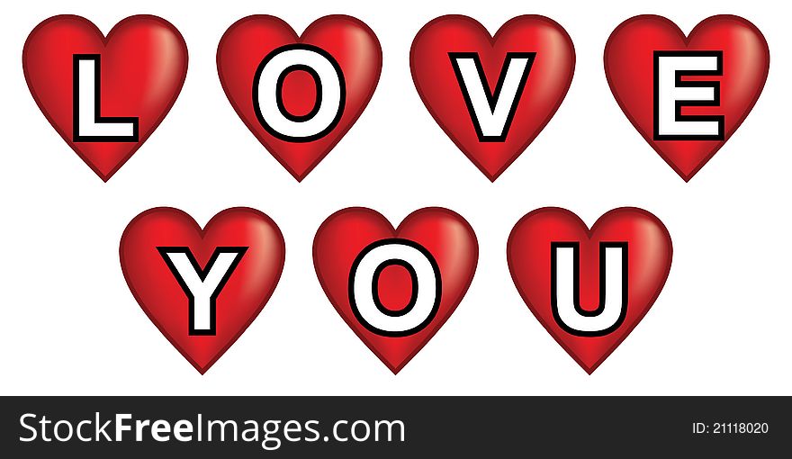 Love you written in red hearts. Love you written in red hearts