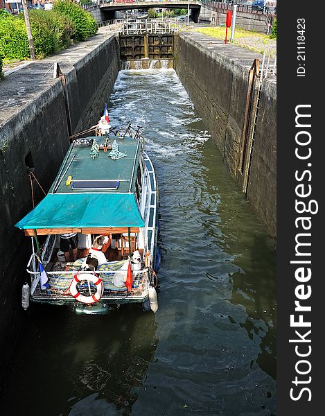 Passage of a boat at a lock. Passage of a boat at a lock