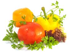 Fresh Sweet Pepper, Tomato And Greens On White Stock Images Fresh Sweet Pepper, Tomato And Greens On White Stock Images