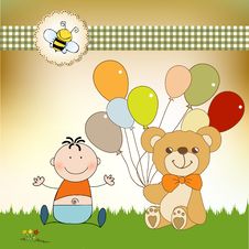 Baby Invitation With Teddy Bear And Balloons Stock Photo