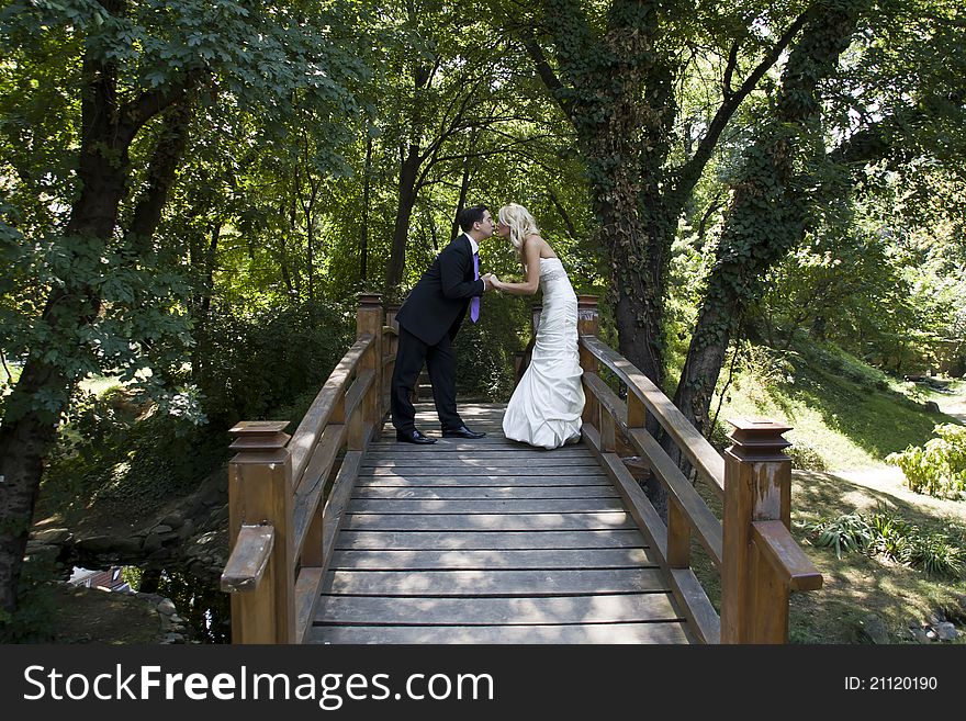 Boy and girl kissing on a wooden bridge in Green Forest. Boy and girl kissing on a wooden bridge in Green Forest