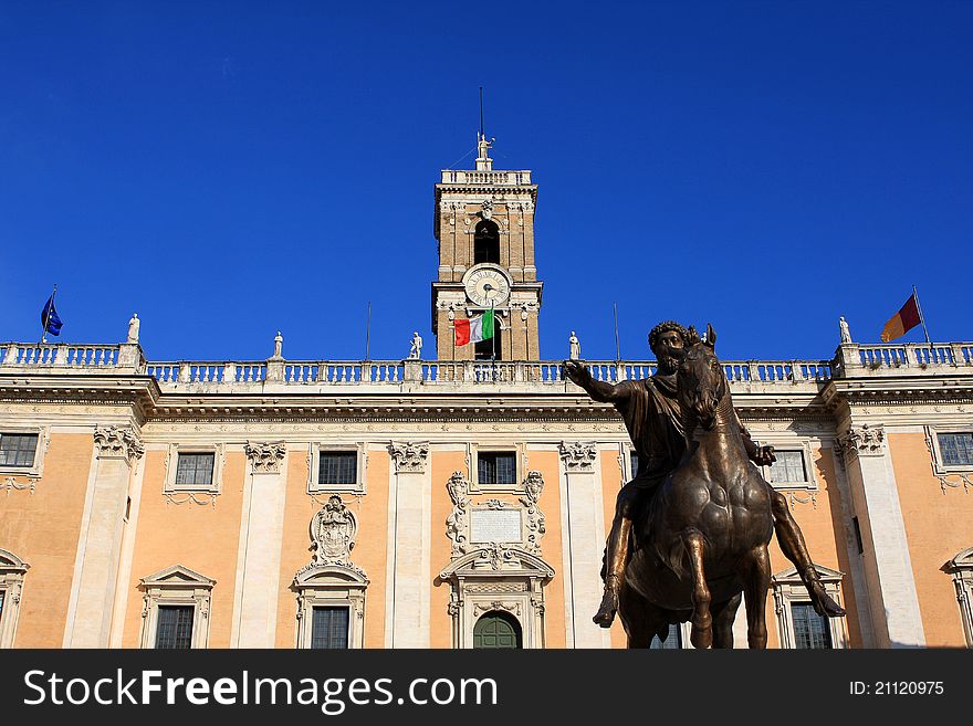 Palazzo Senatorio and statue of Marcus Aurelius, Rome, Italy. Palazzo Senatorio and statue of Marcus Aurelius, Rome, Italy