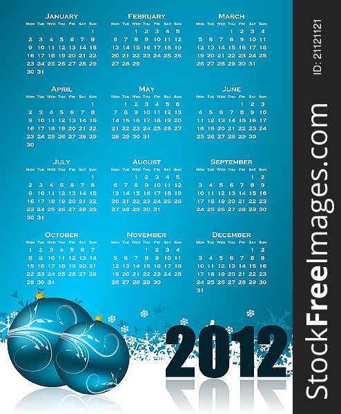 Calendar for 2012 year with christmas balls and snowflakes