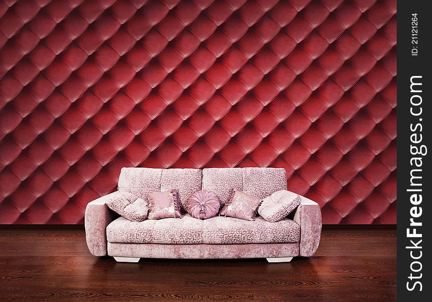 Modern interior with free wall space, red leather wallpaper