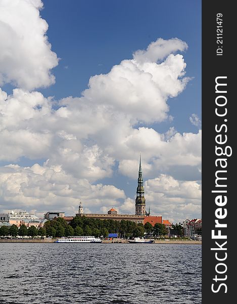 View on the St. Peter church and Vecriga (Old Riga) from the Daugava river