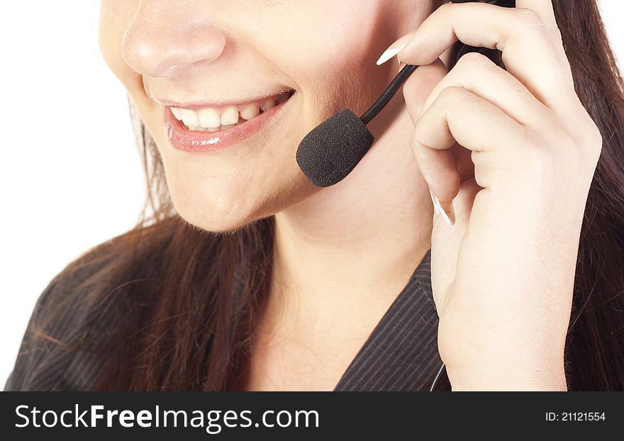 Smiling woman operator with headset close-up