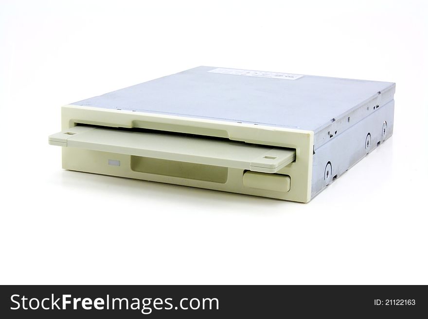 Floppy drive with floppy disk on white
