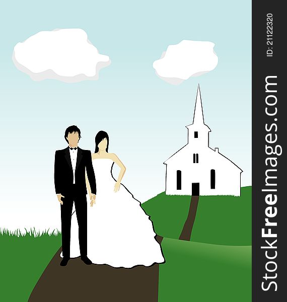 This is a illustration of a wedding couple. On a hill in front of a church.