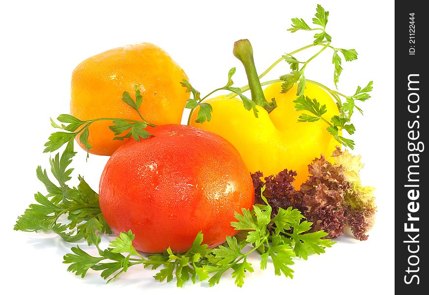 Fresh vegetables: pepper, tomato, greens on white background. Fresh vegetables: pepper, tomato, greens on white background