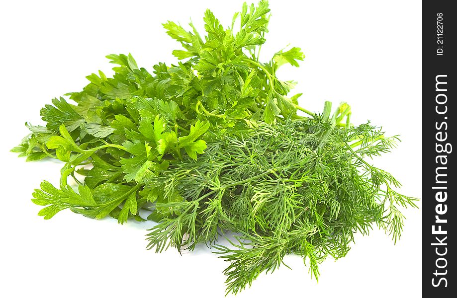 Fresh dill and parsley greens on white background. Fresh dill and parsley greens on white background