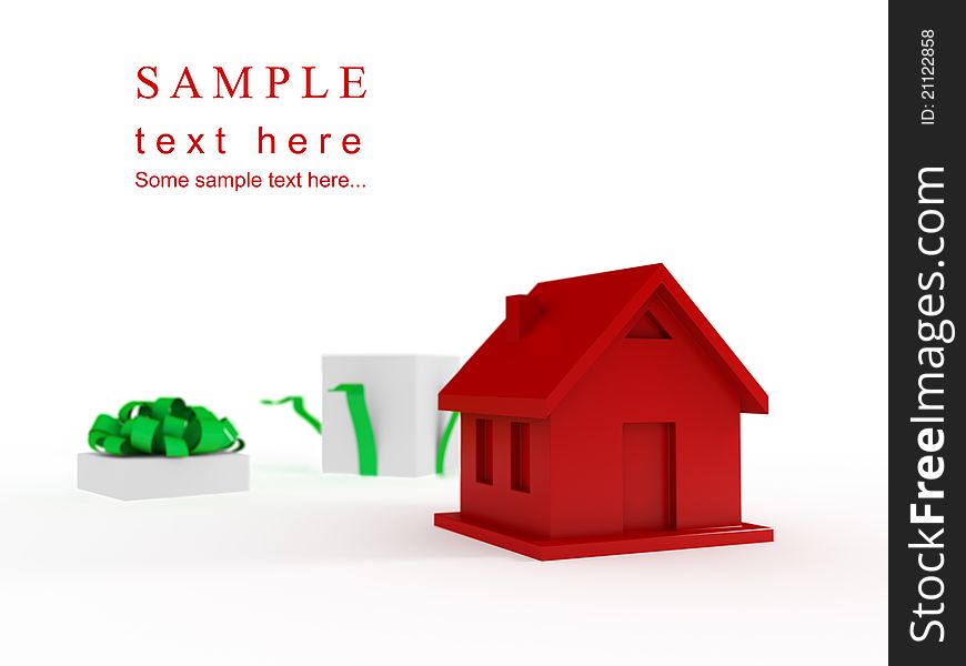 Red house and opened gift box with a green ribbon. Real estate concept. The house as gift.