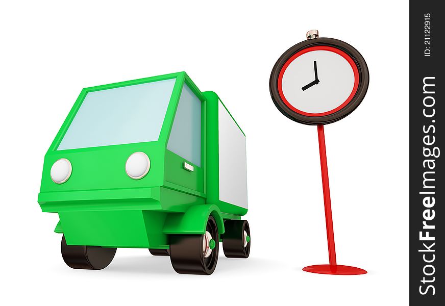Green truck and red timer. Fast transportation concept. Isolated on white background. 3d rendered.
