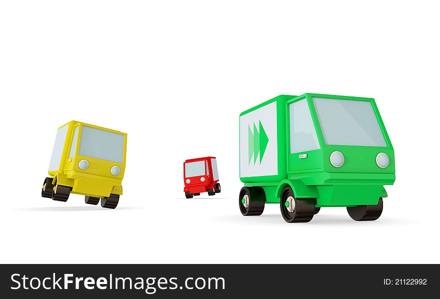 Green, yellow and red trucks on a road. Green one faster than the others. Isolated on white background. 3d rendered