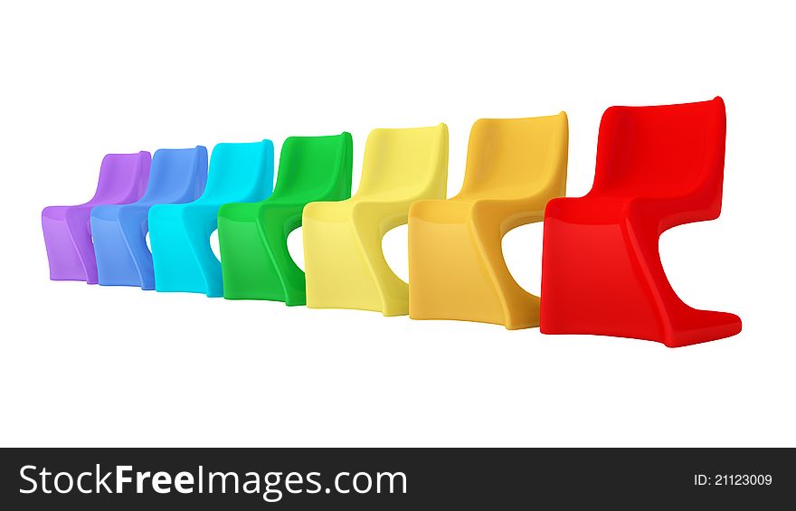 Colorful modern plastic chairs isolated on white background.3d rendered.