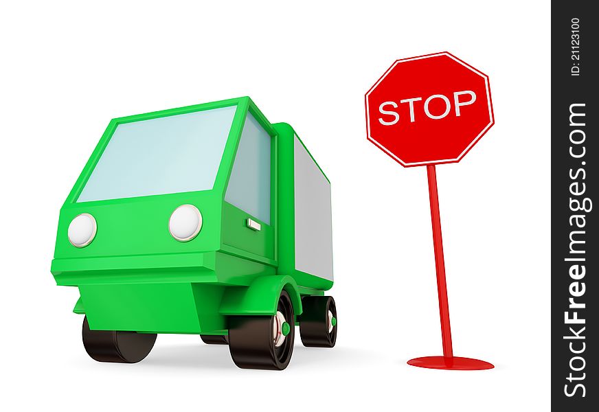 Green truck with STOP sign. Isolated on white. 3d rendered.