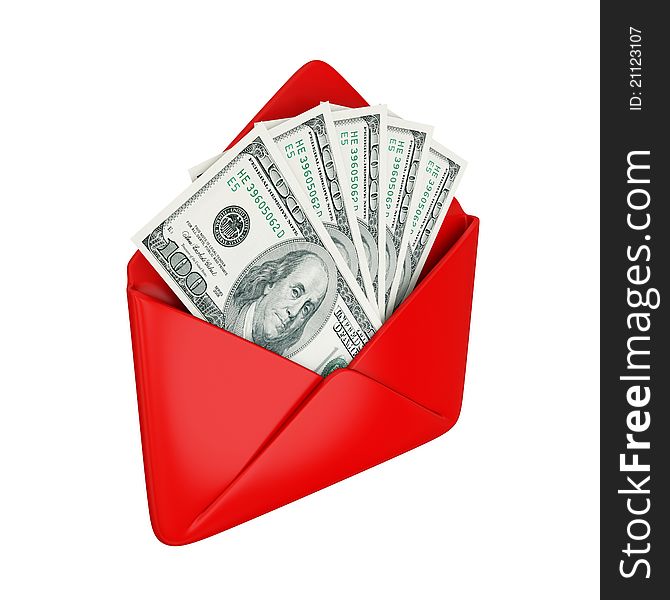 Empty red cover with dollars inside. Isolated on white background. 3d rendered.