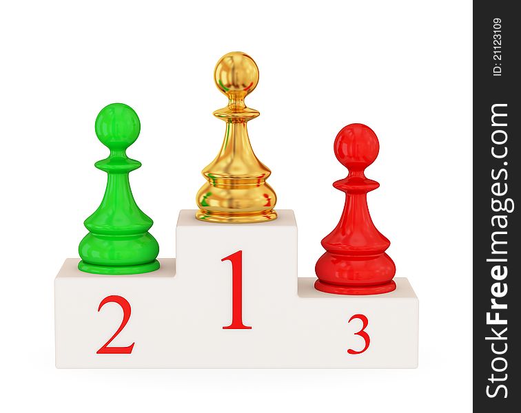 Three pawns on first, second and third places. Leadership concept. 3d rendered. Isolated on white background.