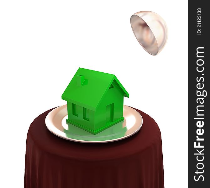 Green plastic house on a silver dish. 3d rendered. Isolated on white background. Green plastic house on a silver dish. 3d rendered. Isolated on white background.