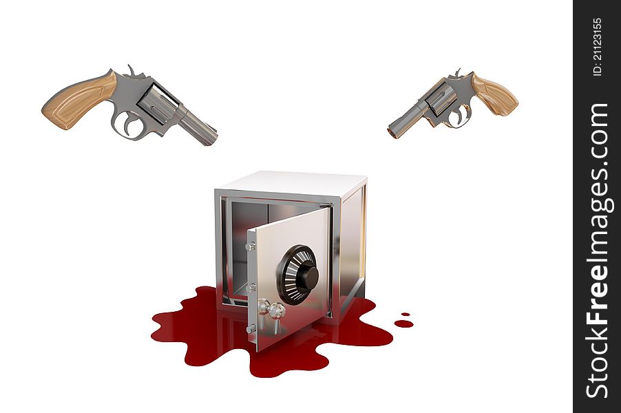 Opened iron safe, two revolvers and bloody stane. 3d rendered. Isolated on white background.