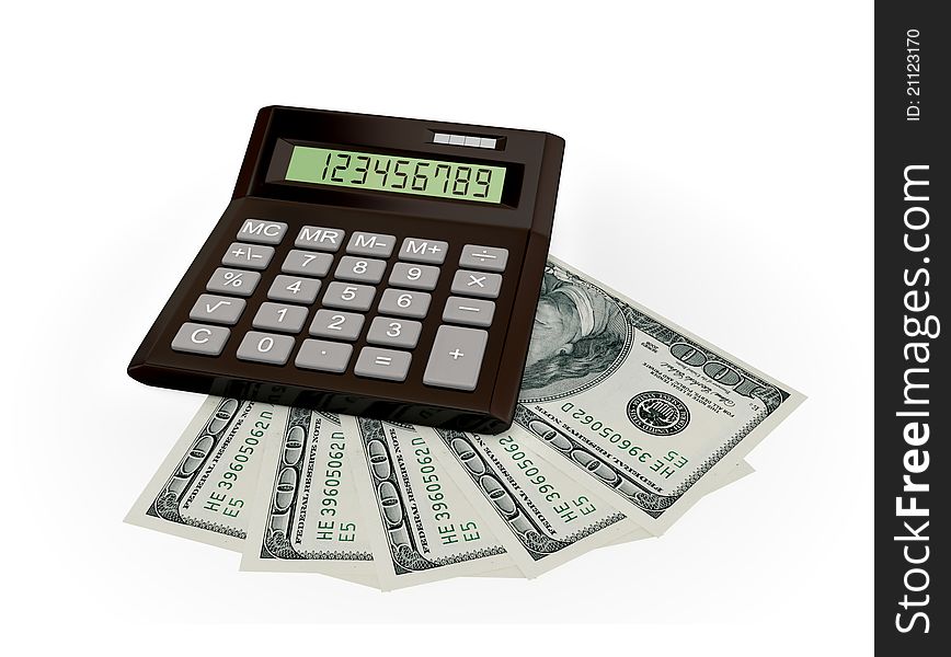 Calculator and dollars. 3d rendered. Isolated on white background.