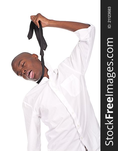 Young and beautiful black man pulling his own tie and hanged himself
