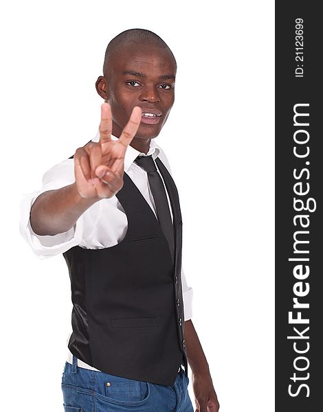 Young and black man doing victory sign