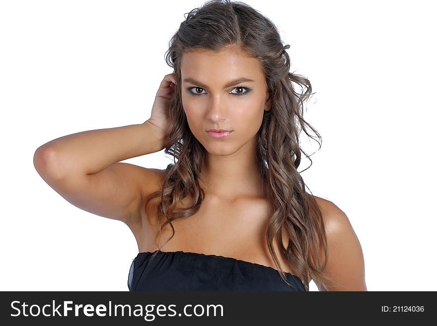 Close-up portrait of an attractive girl on isolated white background