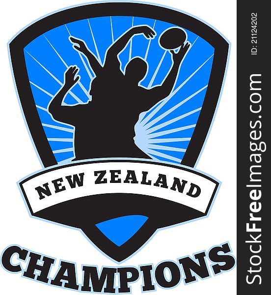 Illustration of a rugby player catching lineout ball inside shield with words New Zealand champions on isolated white background. Illustration of a rugby player catching lineout ball inside shield with words New Zealand champions on isolated white background