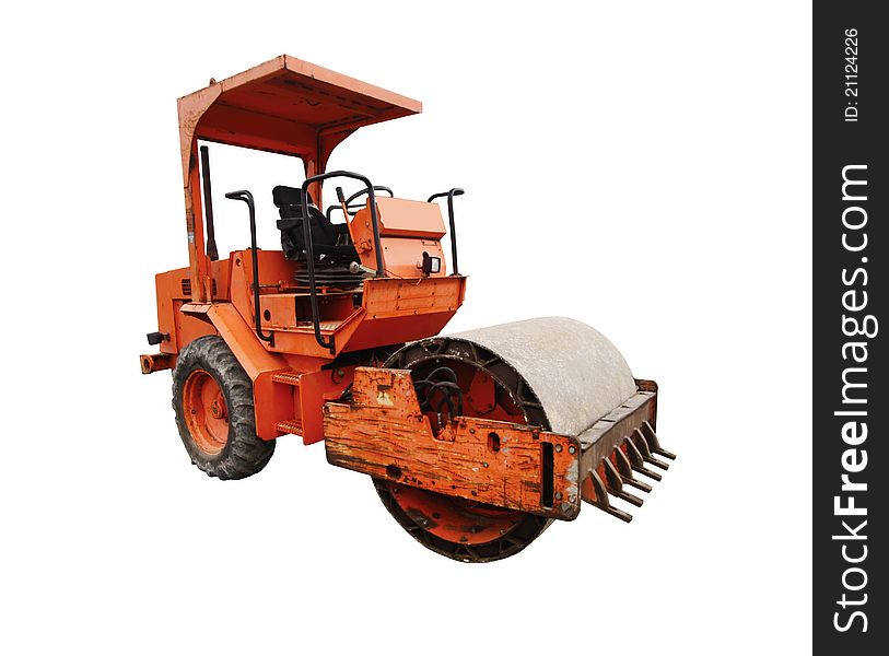 Photo image of a construction road roller on isolated white background