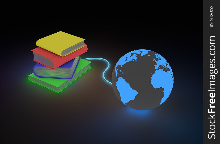 Render of a stack of books connected to the planet. Render of a stack of books connected to the planet