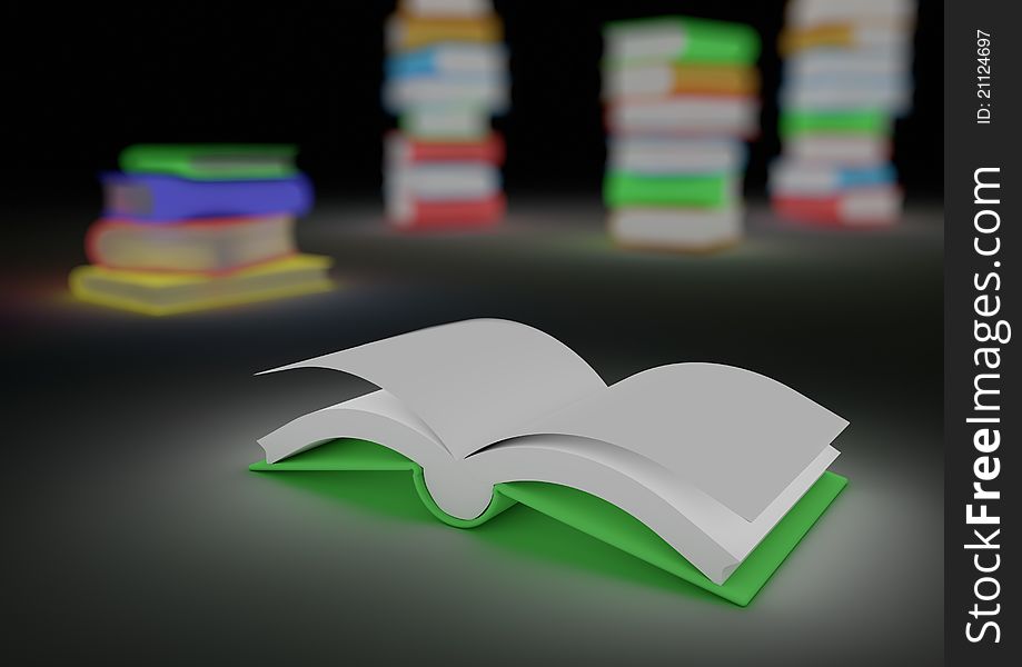 Render of an open book in the foreground and stacks of books in the background