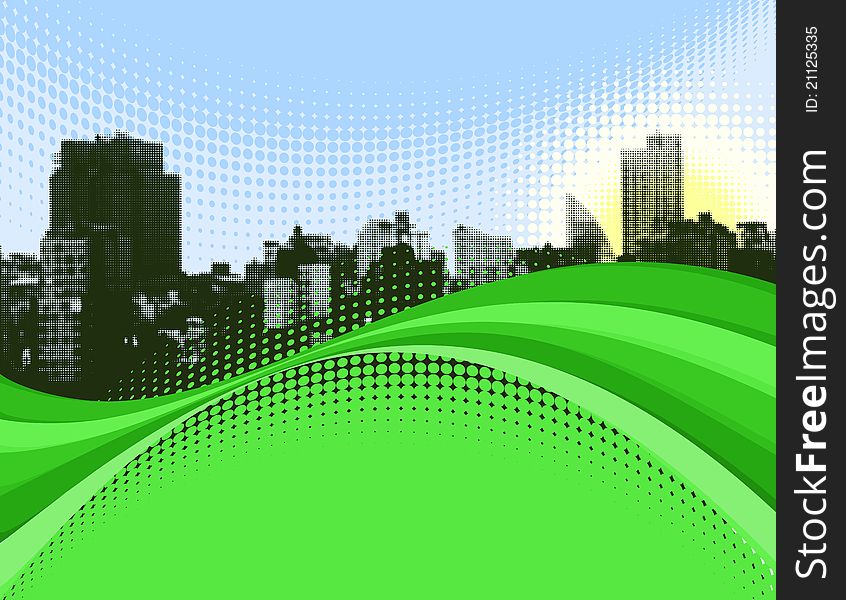 Wavy Green Halftone Cityscape Background. Wavy Green Halftone Cityscape Background.