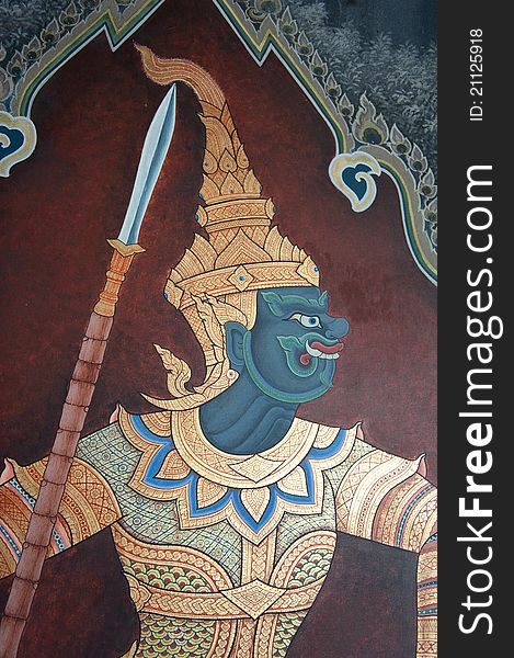 A painting of a demon at a Thailand temple. A painting of a demon at a Thailand temple