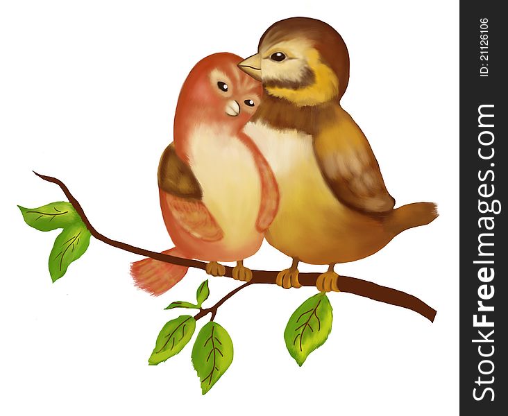 Two loving birds on a white background. Two loving birds on a white background