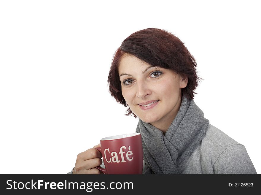 Greets young woman with coffee cup in hand. Greets young woman with coffee cup in hand