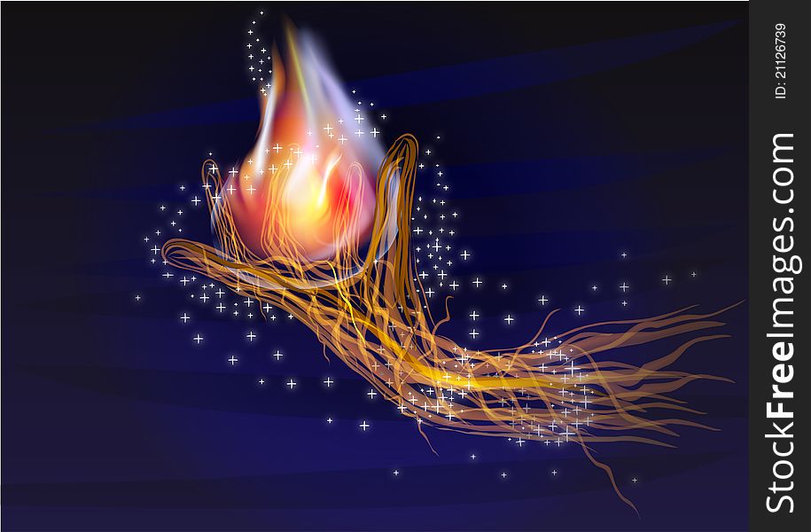 Hand with the fire on a dark blue background. Hand with the fire on a dark blue background