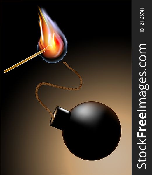 Burning match with a bomb on a brown background black. Burning match with a bomb on a brown background black