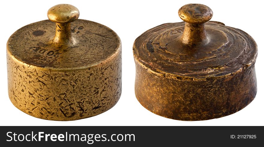 Two old weights. Heavily damaged with a distinct texture.