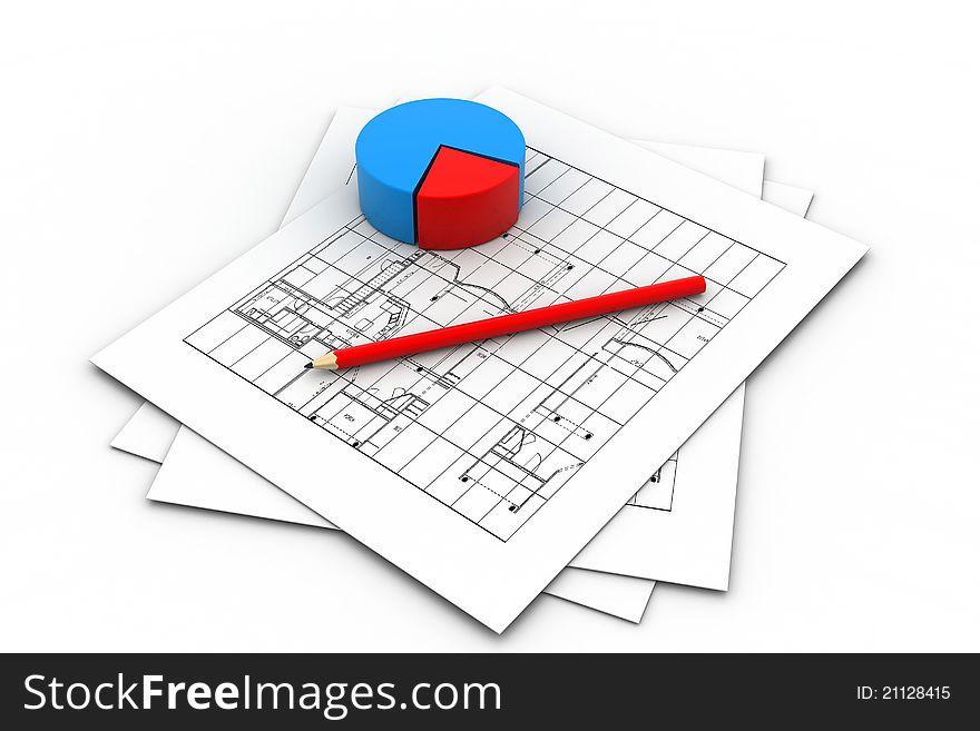 3d illustration of Housing Project and Pie Chart