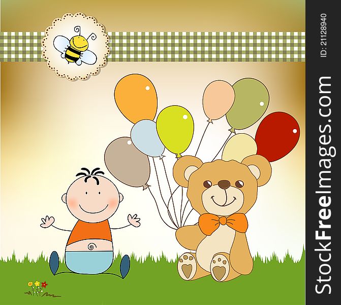 Baby invitation with teddy bear and balloons in vector format