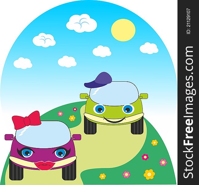 Cartoon toy cars on road in green hills and flowers - illustration comic