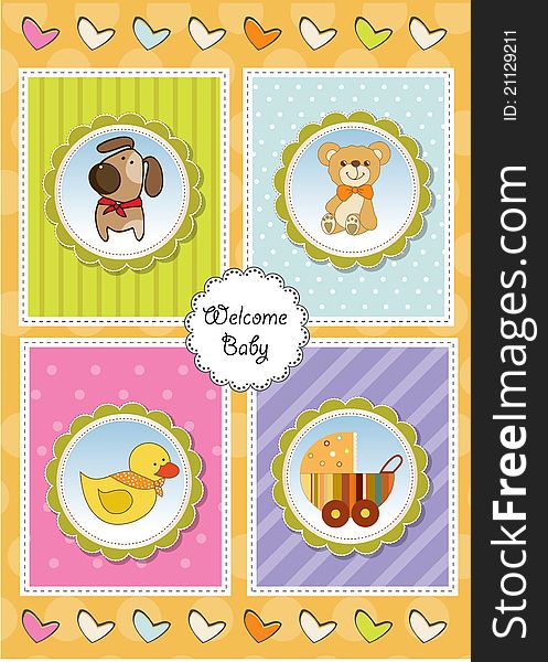 New baby arrived, announcement shower card with toys. New baby arrived, announcement shower card with toys