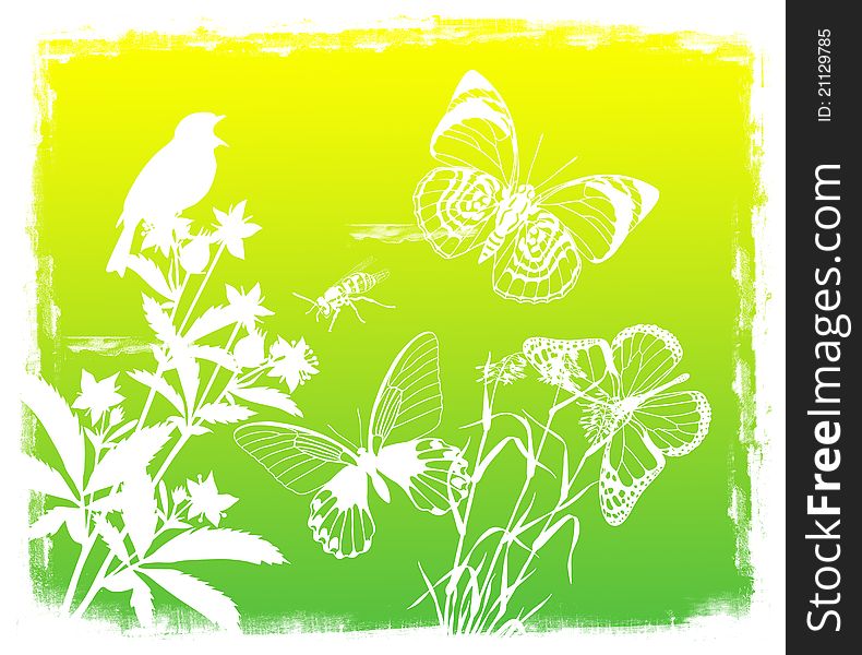 Floral background with bird and butterflies